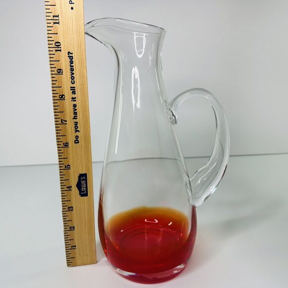 Clear Red Base Art Glass Pitcher Barware Cocktail Party Water Heavy READ - Picture 10 of 13